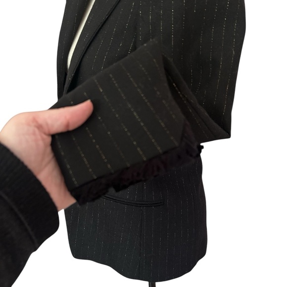 ZADIG & VOLTAIRE Sz S Volly Striped Wool Metallic Blazer Noir Open Fringe Cuffs - Picture 10 of 14